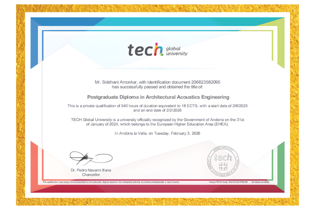 Postgraduate Diploma in Architectural Acoustics Engineering awarded to Siddhant Amonkar